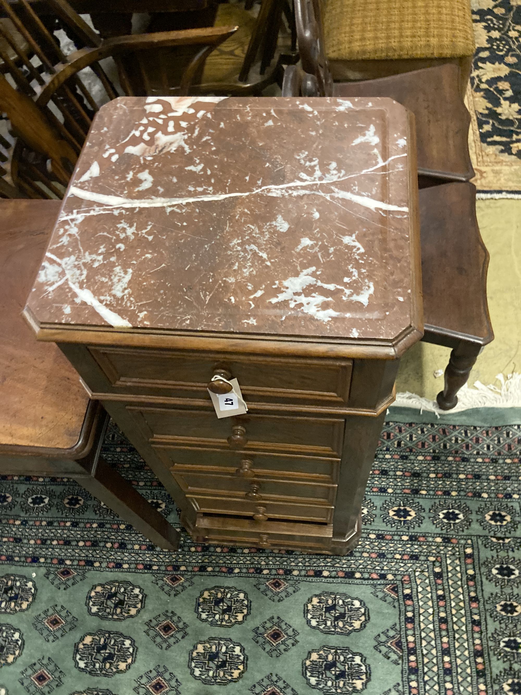 A 19th century French marble topped walnut bedside chest, width 41cm depth 38cm height 97cm